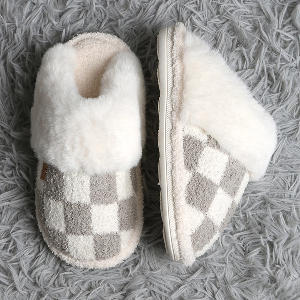 Checkered Faux Fur Cuff Mule Luxury Soft Slipper-M/L