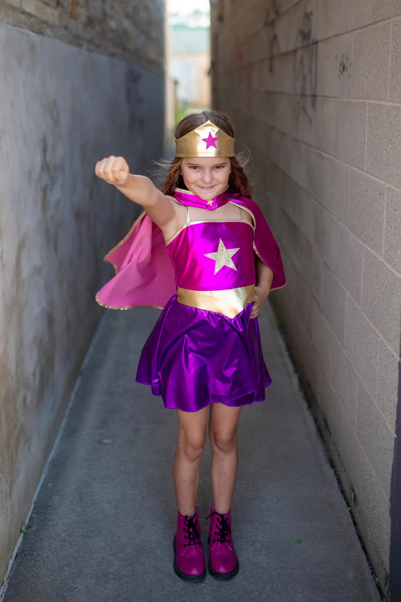 Superhero Star Dress, Cape & Headpiece-Magenta/Purple 5/6