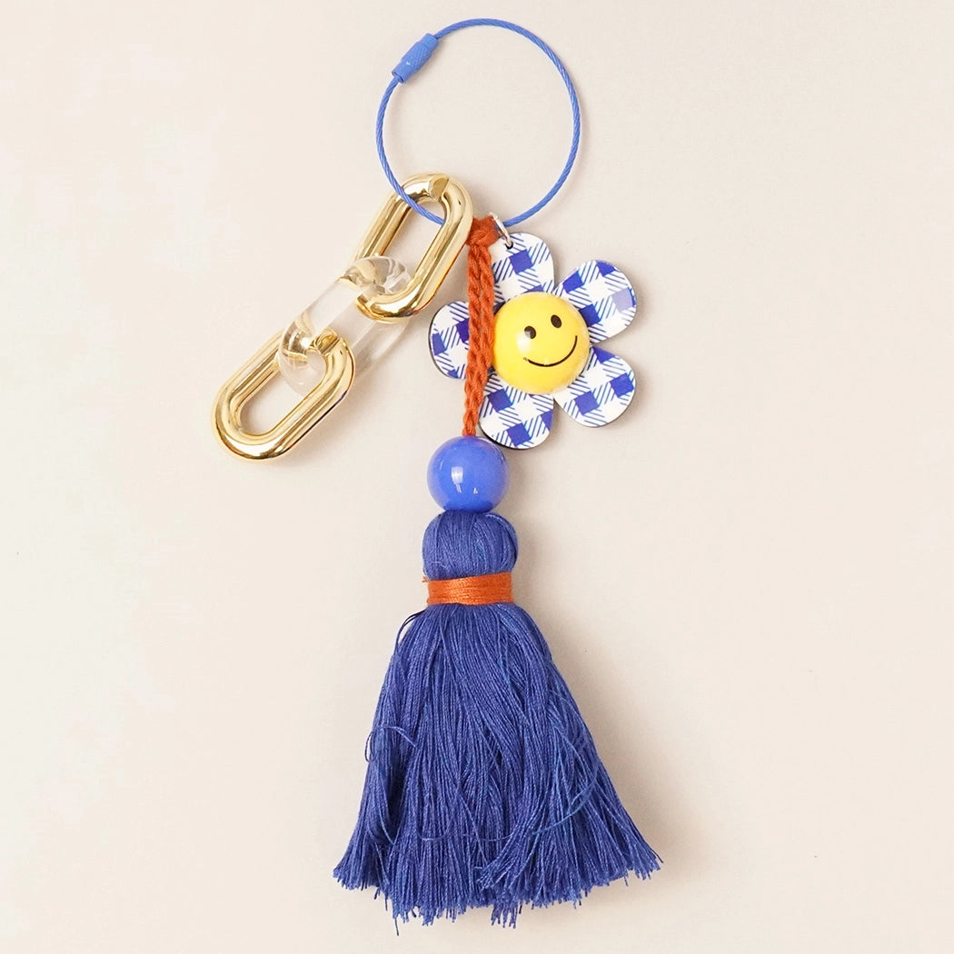 Happy Face Gingham Flower Tassel Keyring Bag Charm-Blue