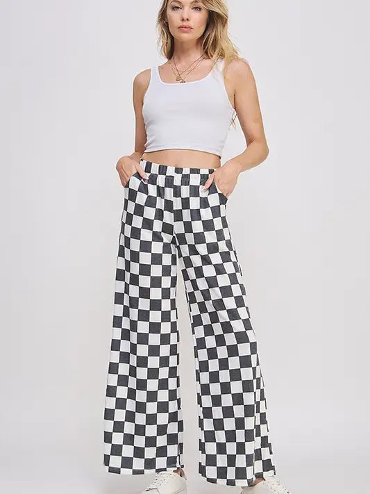High Waist Checkered Straight Leg Knit Pants-S