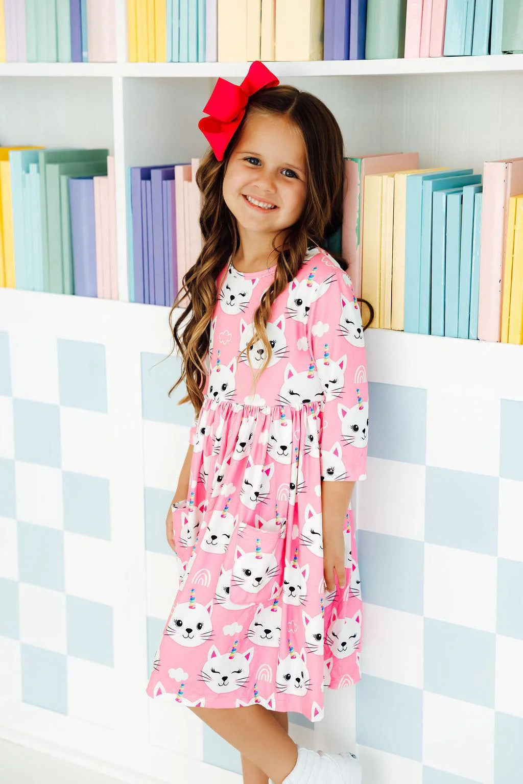Unicorn Kitties 3/4 Sleeve Pocket Twirl Dress-2T