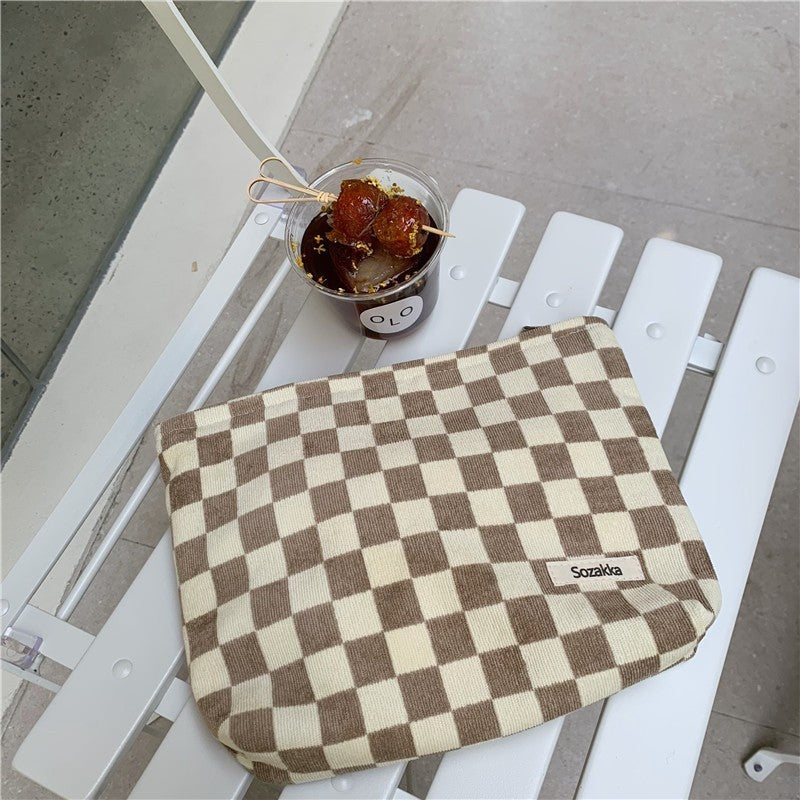 Travel Checker Gingham Cosmetic Makeup Pouch Bag-Ivory