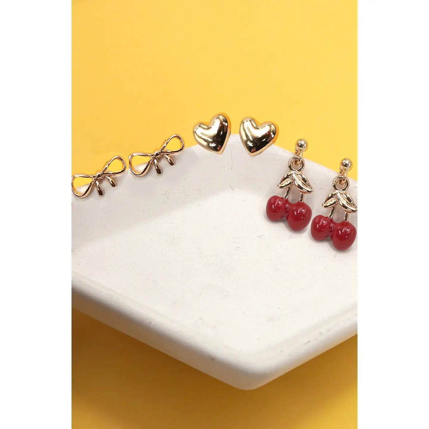Trio Cherry Bow Heart Stud Earrings