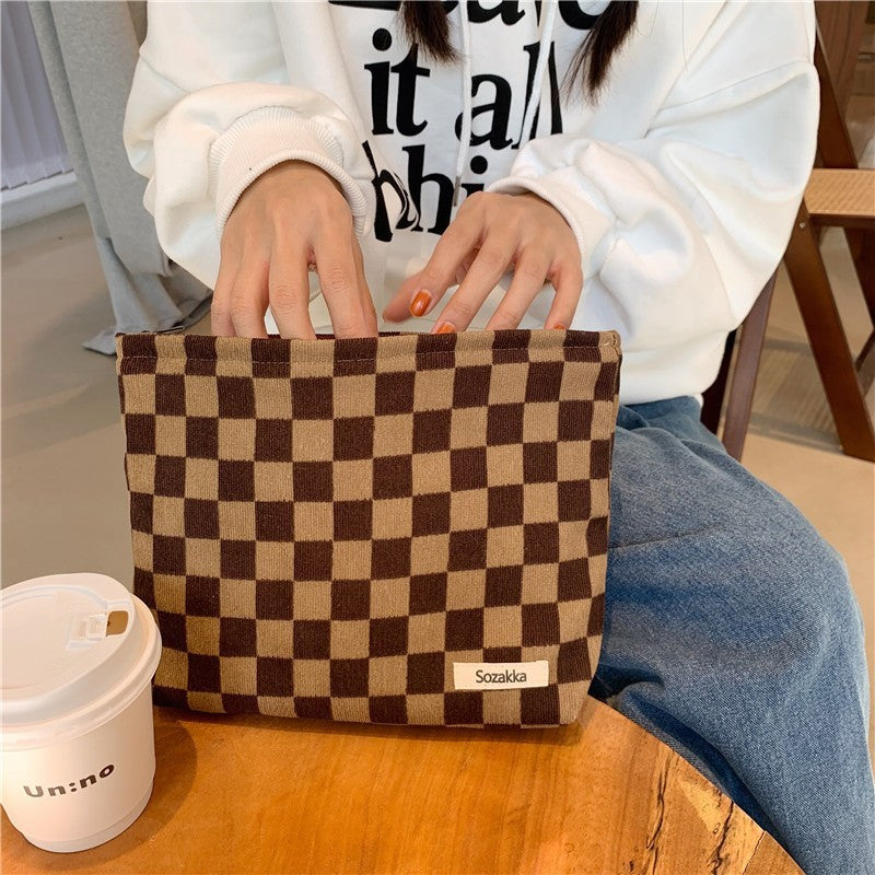 Travel Checker Gingham Cosmetic Makeup Pouch Bag-Brown