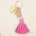 Happy Face Gingham Flower Tassel Keyring Bag Charm-Lavender