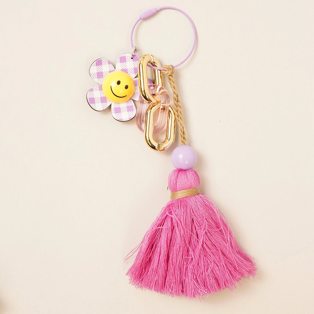 Happy Face Gingham Flower Tassel Keyring Bag Charm-Lavender